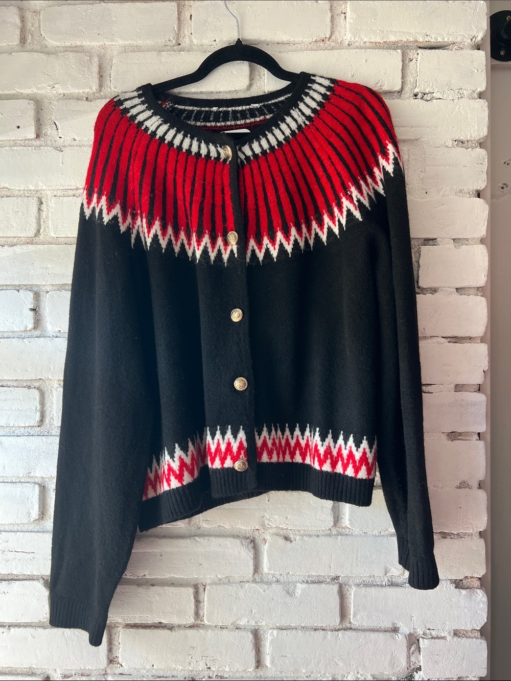 Women's Black Cardigan with Red Nordic Yoke and gold buttons crew neck button